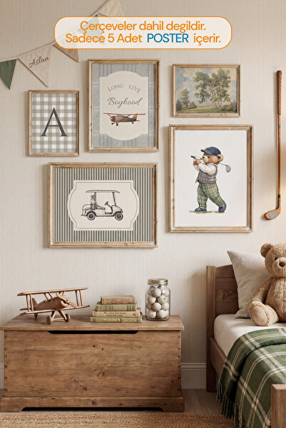 Kids Vintage ÇERÇEVESİZ Golf Ayıcık Temalı 5li Poster Set