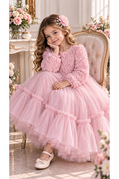 BES TREND Girl's Rose Princess Dress Long Sleeve Bow Stone Detailed Party Bir...