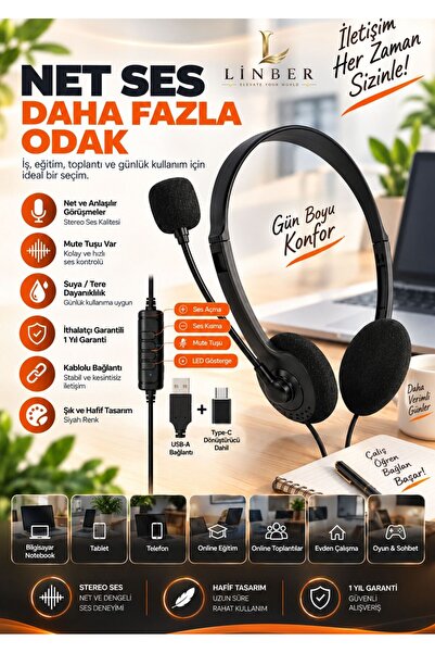 Linber USB + Type-C Çift Girişli Çağrı Merkezi Mikrofonlu Kafa Üstü Bilgisaya...