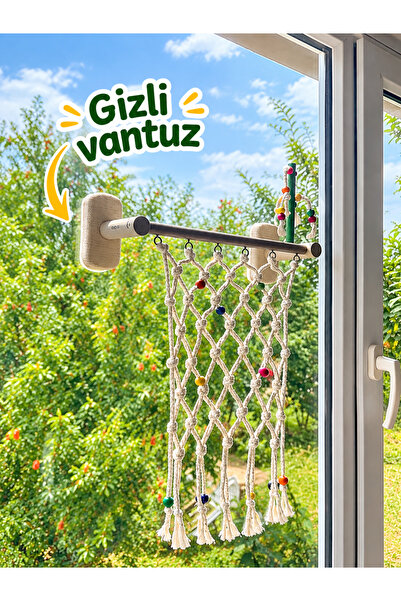 ADAPATİ PET Cam Önü 4 Vantuzlu Kuş Oyuncaklı Tırnmanma Alanı