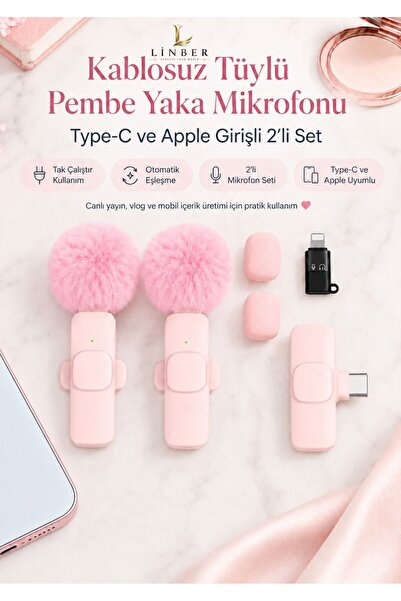 Linber Kablosuz Tüylü Pembe Yaka Mikrofonu Type-C ve İos Girişli 2’li Set Blu...