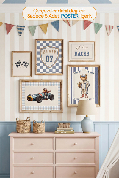 Kids Vintage Yarışcı Ayı temalı Çerçevesiz 5li Set