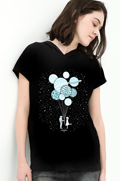 ROCKANDROLL Balon Gezegenler Siyah Kapşonlu Kısa Kollu Kadın T-shirt