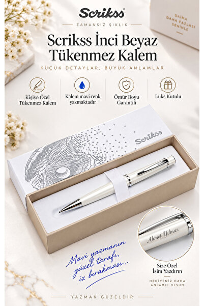 Scrikss Kişiye Özel Tükenmez Kalem İnci Beyaz