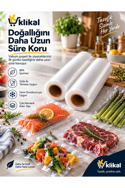 Klikal 20 Cm 5 Metre Çok Katmanlı Ev Tipi Rulo Vakum Poşeti