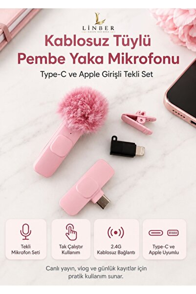 Linber Pembe Kablosuz Yaka Mikrofonu (TEKLİ) – Tak Çalıştır, İos Uyumlu, 6-8 ...