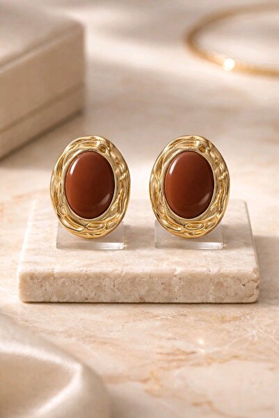 mosmoda Gold Kahverengi Mineli Oval Basic Küpe