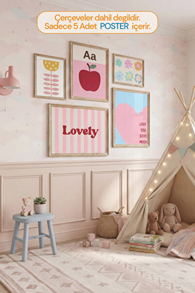 Kids Pembe Neon Genç Kız ve Bebek Odası 5'li Çerçevesiz SET