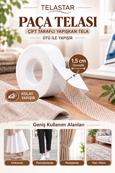 TELASTAR Paça Telası -çift Taraflı Yapışkan Tela 10 Mt - Eni 1.5cm Ütüyle Yap...