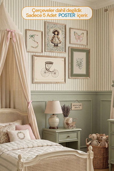 Kids Vintage Çiçekler ve Masal Dokunuşu Çerçevesiz 5'li Set