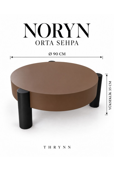 THRYNN Noryn Yuvarlak Orta Sehpa Çap 90cm Ceviz ve Siyah Renk Metal Ayak 35cm...