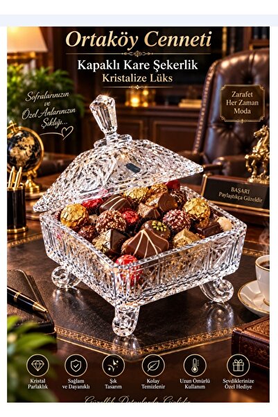 ORTAKÖYCENNETİ KAPAKLI KRISTALIZE ÇİKOLATALIK ŞEKERLİK SUNUMLUK KARE 16 CM KA...
