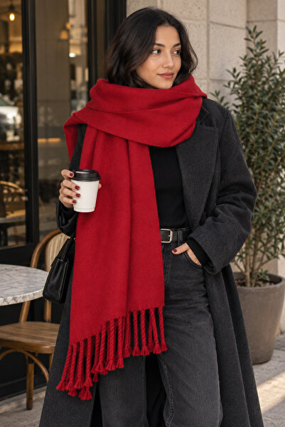 laviyonsa Makarna model püsküllü kalın kırmızı kışlık yün atkı & şal