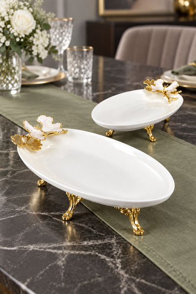 MAY HOME Sedef Kelebek 2'Li Oval Sunumluk Mezelik Tabak & Gold Ayaklı Kayık T...