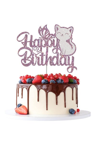 Choice3 2pcs-cat Purple Sparkling Cat Happy Birthday Cake Butterfly Cake Kitt...