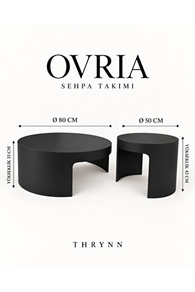 THRYNN Ovria 2’li Yuvarlak Orta ve Yan Sehpa Takımı Mat Siyah Renk Modern Tas...