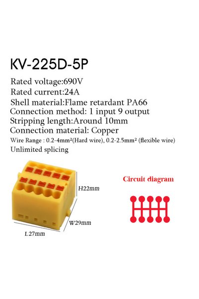 Choice1 225D-5P-Y 1Pc Wire Electrical Cable Connectors Plug-in Terminal Block...