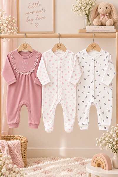 MYZİ STORE Kız Bebek Çiçek Desenli 3’lü 2 si Patiksiz 1 Patikli Tulum Seti Ri...