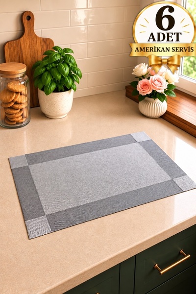 Pinkev 6 Kişilik Gümüş Renk PVC Amerikan Servis Supla Seti - 30x45cm