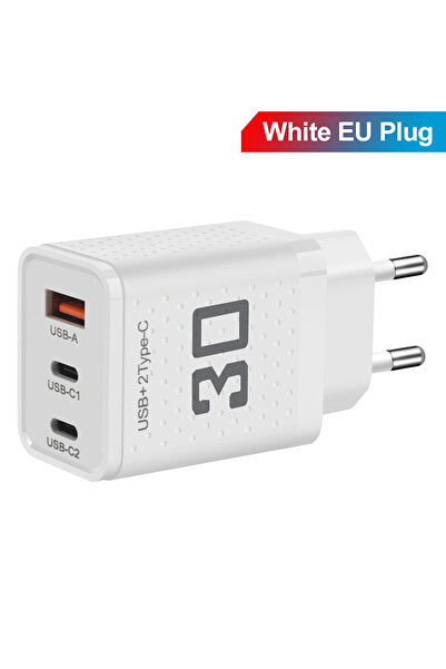 Choice شاحن USB أبيض من النوع C من الاتحاد الأوروبي 30 وات 3 منافذ شاحن هاتف ...