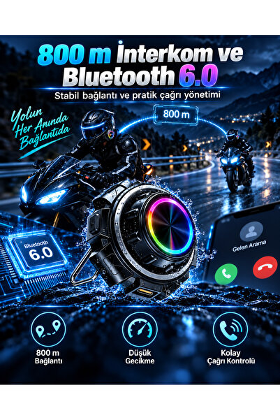 EN SİGA İki bağlantılı Motosiklet Kask İnterkomu Bluetooth 6.0 RGB Işıklı IP65 600 mAh 2'li Bağlantı