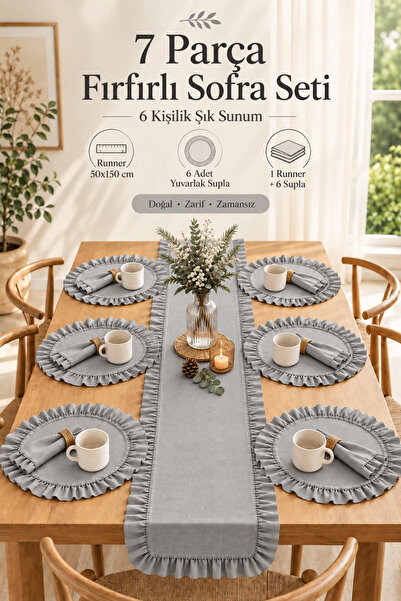 KaiHome Ruffle Detailed Linen 50 X 150 Runner & Placemat Set – 7 Piece Dowry ...
