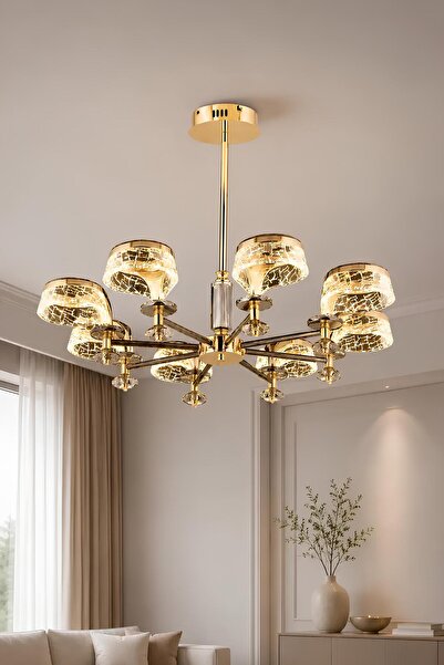 Elvora Home 8'li Modern (PREMİUM) Gold 3 Renkli LEDli Sarkıt Avizesi Salon Mu...
