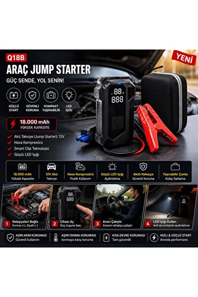 thorqtech Akü Takviye | 4 in 1 Şarjlı Akü Takviye Cihazı | 12.000 mAh Gerçek Değer | Akım Koruma | Güçlü Seri | Lastik Şişirme, LED Fener | Akü Şarj Cihazı |