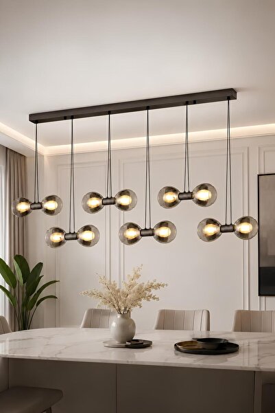 Elvora Home Eskitme (PREMİUM) LED Füme Cam Sarkıt Avize Yemek Masası Salon Av...