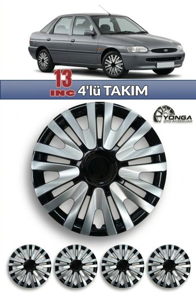 YONGA OTO AKSESUAR FORD ESCORT 13 İnç Jant Kapağı 4'lü Set Siyah Gümüş + 4 Amblem + 8 Cırt Kelepçe