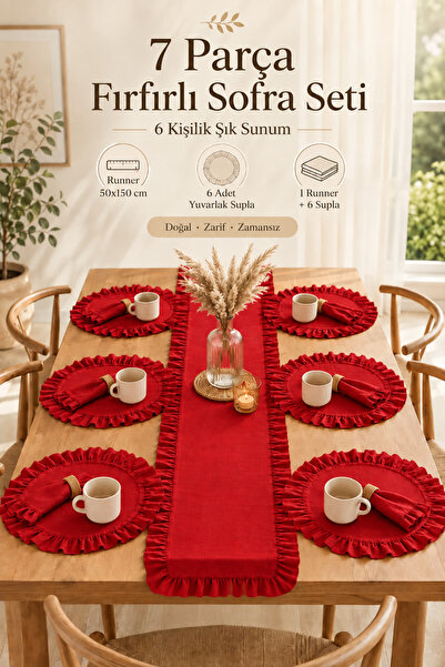 KaiHome Fırfır Detaylı Keten 50 x 150 Runner & Supla Seti – 7 Parça Çeyiz Kol...