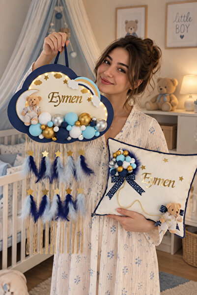 BL Baby Lüks Bubble Ledli Bulut Bebek Kapı Süsü Ve Yastık Lacivert Kenar Krem...