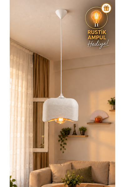 JUTUAL DEKOR Beton Görünümlü Beyaz Tekli Kare Sarkıt Avize Modern Bohem Salon...