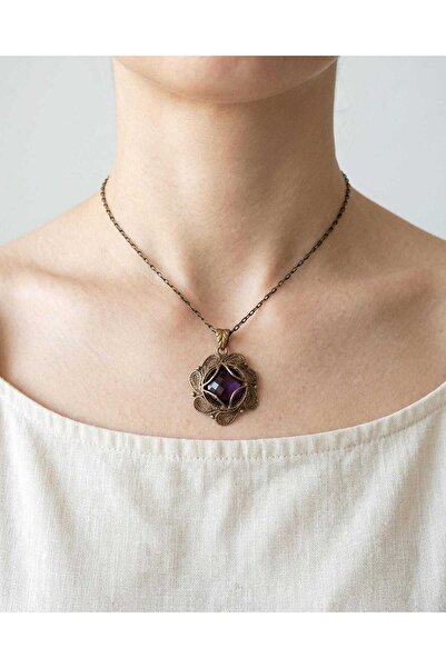 elinasaccessories قلادة من حجر الجمشت البرونزي المزخرف 42 سم مصنوعة يدويًا من...