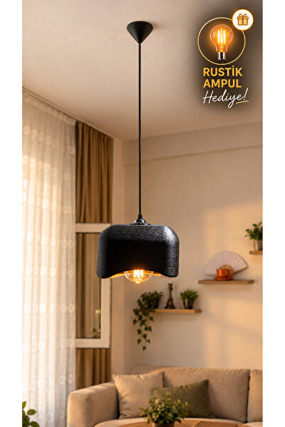 JUTUAL DEKOR Beton Görünümlü Siyah Tekli Kare Sarkıt Avize Modern Bohem Salon...