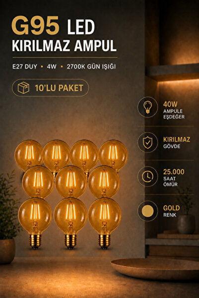 JUTUAL DEKOR 10'lu Rustik LED Kırılmaz Ampul G95 Glop E27 4W 2700K Sıcak Işık...