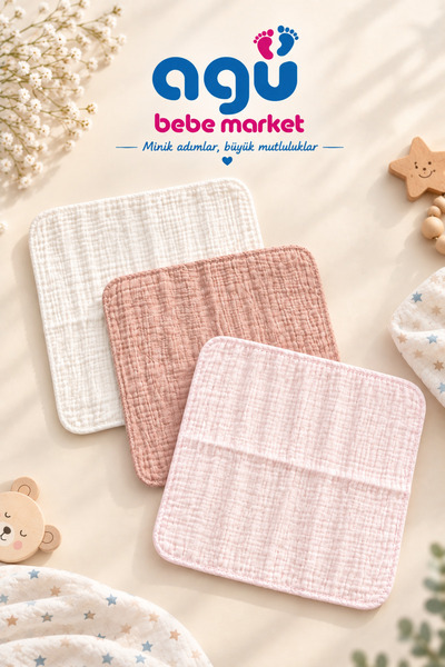 agubebe market 5'li Paket %100 Pamuk Çift Kat Müslin Bebek Ağız Mendili ve Ga...