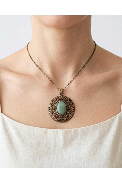 elinasaccessories Bronz Telkari Yeşil Aventurin Kolye 42 cm El Yapımı Otantik...