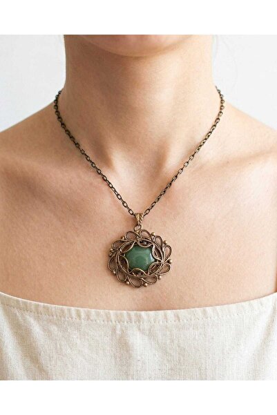 elinasaccessories قلادة من الأفنتورين الأخضر البرونزي مقاس 42 سم مصنوعة يدويً...