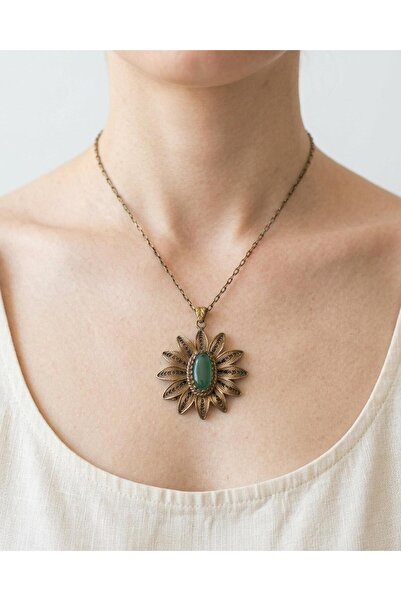 elinasaccessories Bronz Telkari Ayçiçeği Yeşil Akik Kolye 42 cm El Yapımı Ota...
