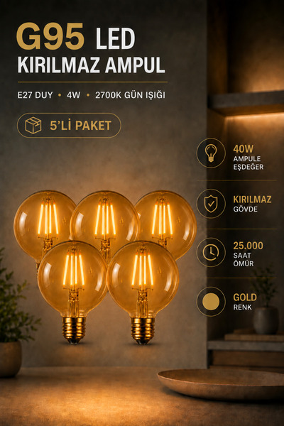 JUTUAL DEKOR 5'li Rustik LED Kırılmaz Ampul G95 Glop E27 4W 2700K Sıcak Işık ...