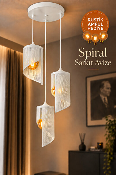 JUTUAL DEKOR 3'lü Spiral Sarkıt Avize Beyaz Modern Dekoratif Salon Yemek Masa...