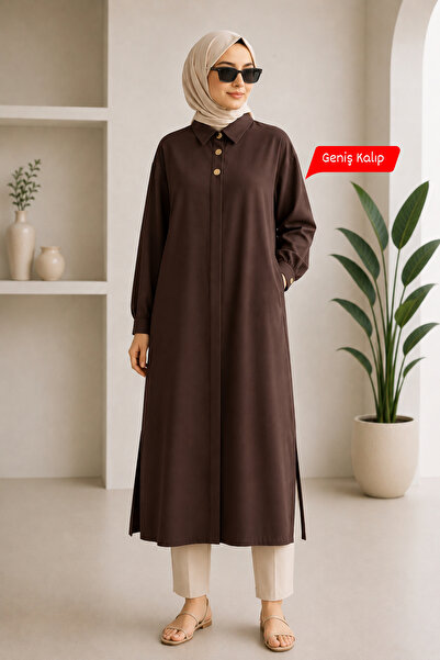 FOMLY Kadın Kahverengi Oversize Cepli Gizli Düğmeli Uzun Tunik