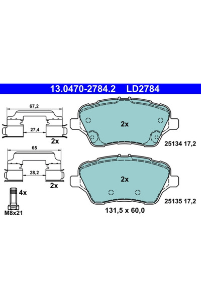 Ate Σετ τακάκια φρένων, δισκόφρενο 13.0470-2784.2