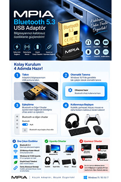 MPIA Bluetooth 5.3 Usb Dongle - Kablosuz Adaptör, Pc & Laptop Için Bluetooth Alıcı