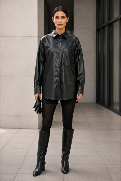 Grenj Fashion Siyah Oversize Cep Detaylı Deri Gömlek