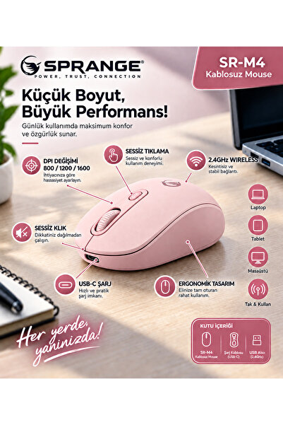 SPRANGE Sessiz Tık Şarj Edilebilir Kablosuz Mouse - Bluetooth 5.4 & 2.4GHz Çi...