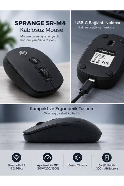 SPRANGE Sessiz Tık Şarj Edilebilir Kablosuz Mouse - Bluetooth 5.4 & 2.4GHz Çift Modlu Mouse SR-M4 Siyah