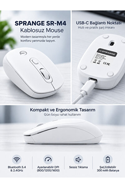 SPRANGE Sessiz Tık Şarj Edilebilir Kablosuz Mouse - Bluetooth 5.4 & 2.4GHz Çi...