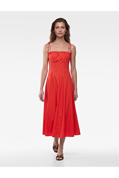 Koton Slim Fit Cotton Tie-Up Ruffle Strap Midi Poplin Dress